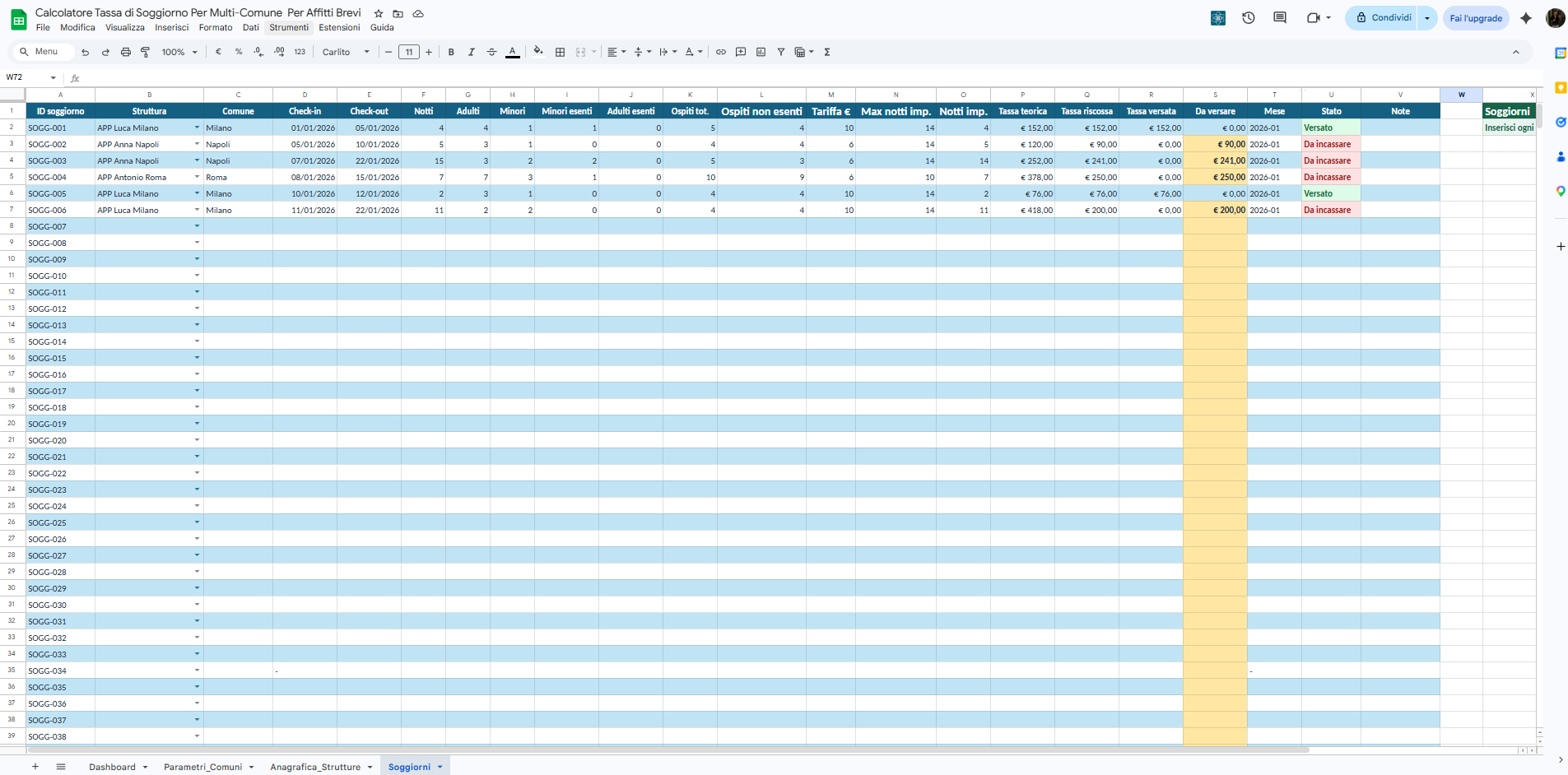 Screenshot del foglio Soggiorni del calcolatore tassa di soggiorno