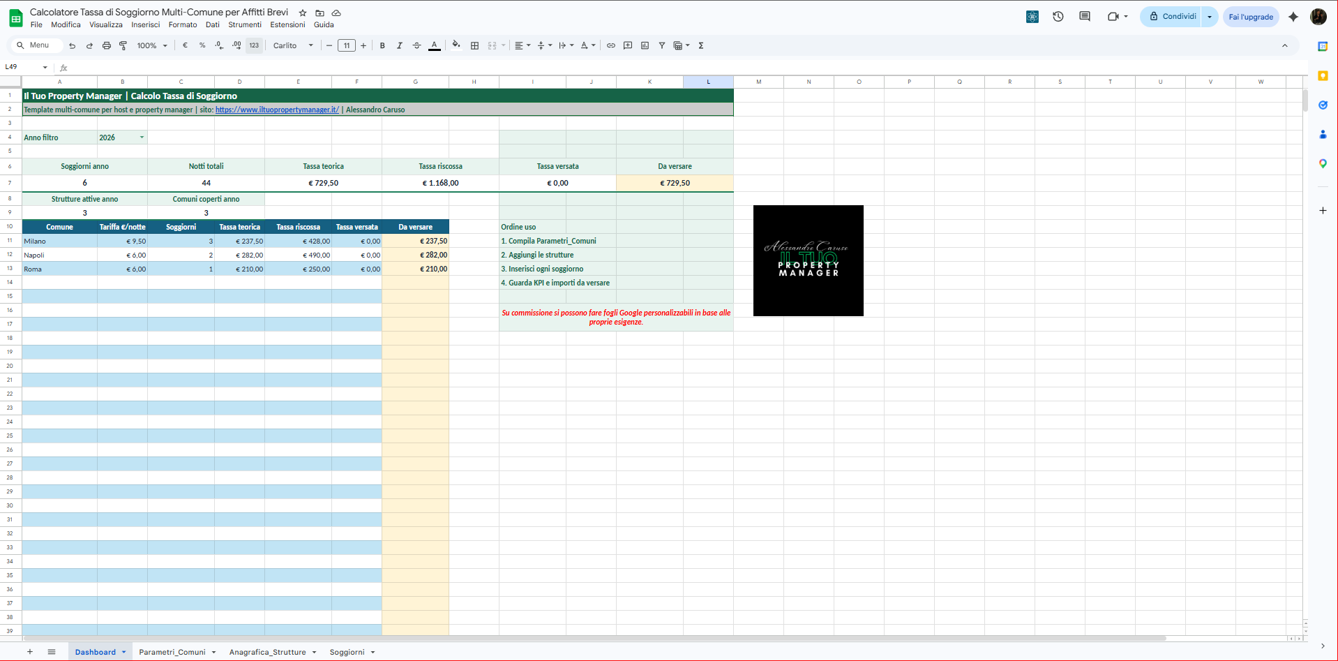 Screenshot del foglio Dashboard del calcolatore tassa di soggiorno