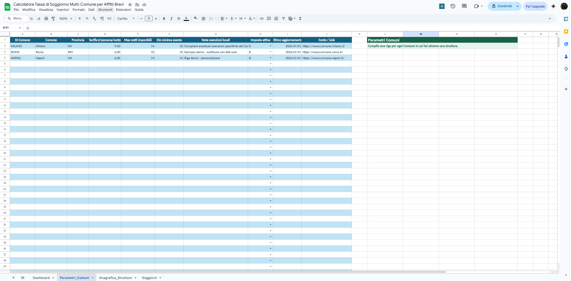 Screenshot del foglio Parametri_Comuni del calcolatore tassa di soggiorno