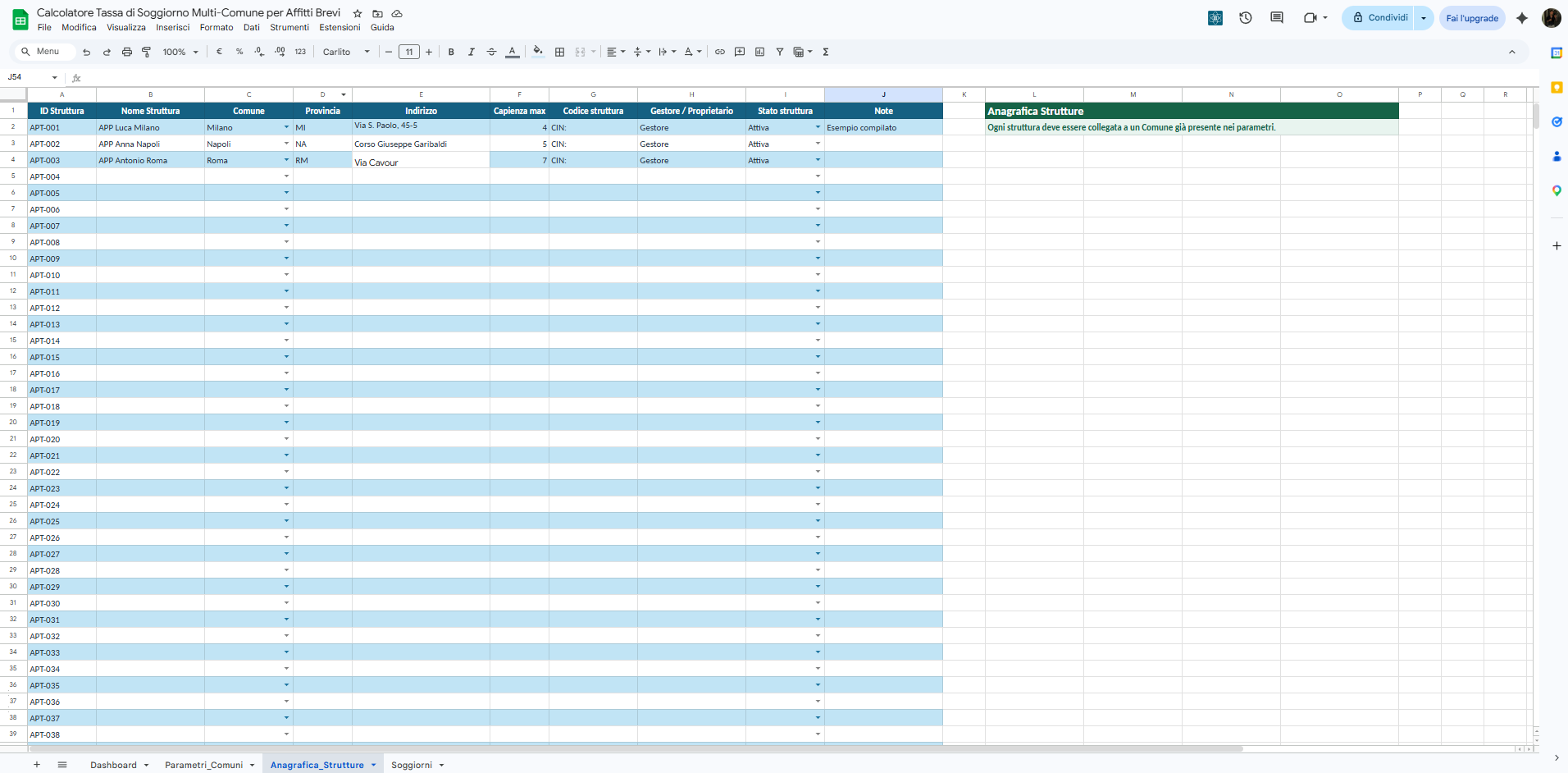 Screenshot del foglio Anagrafica_Strutture del calcolatore tassa di soggiorno